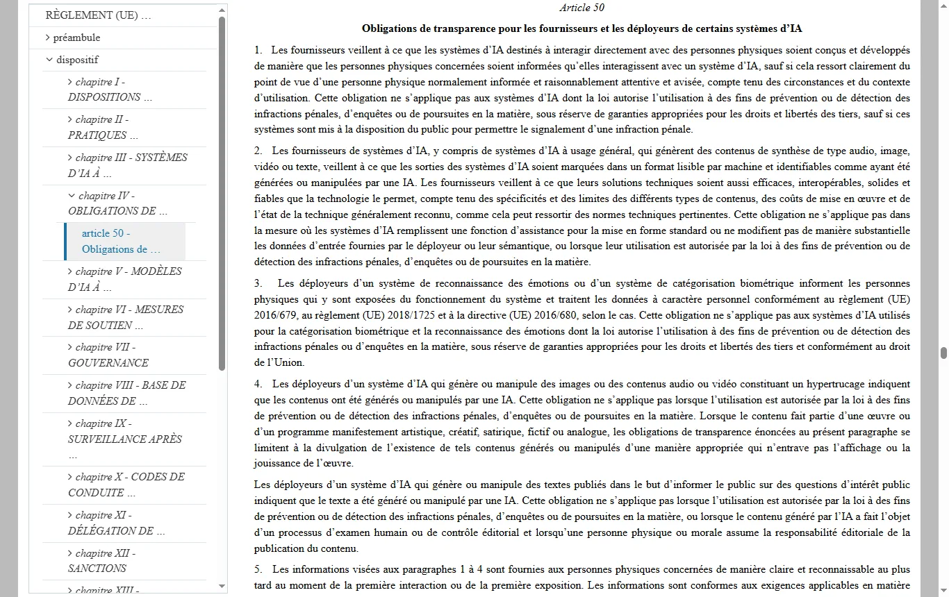 Capture de eur-lex.europa.eu : règlement (UE) 2024/1689, article 50, paragraphes 2 et 4 (obligations de transparence)