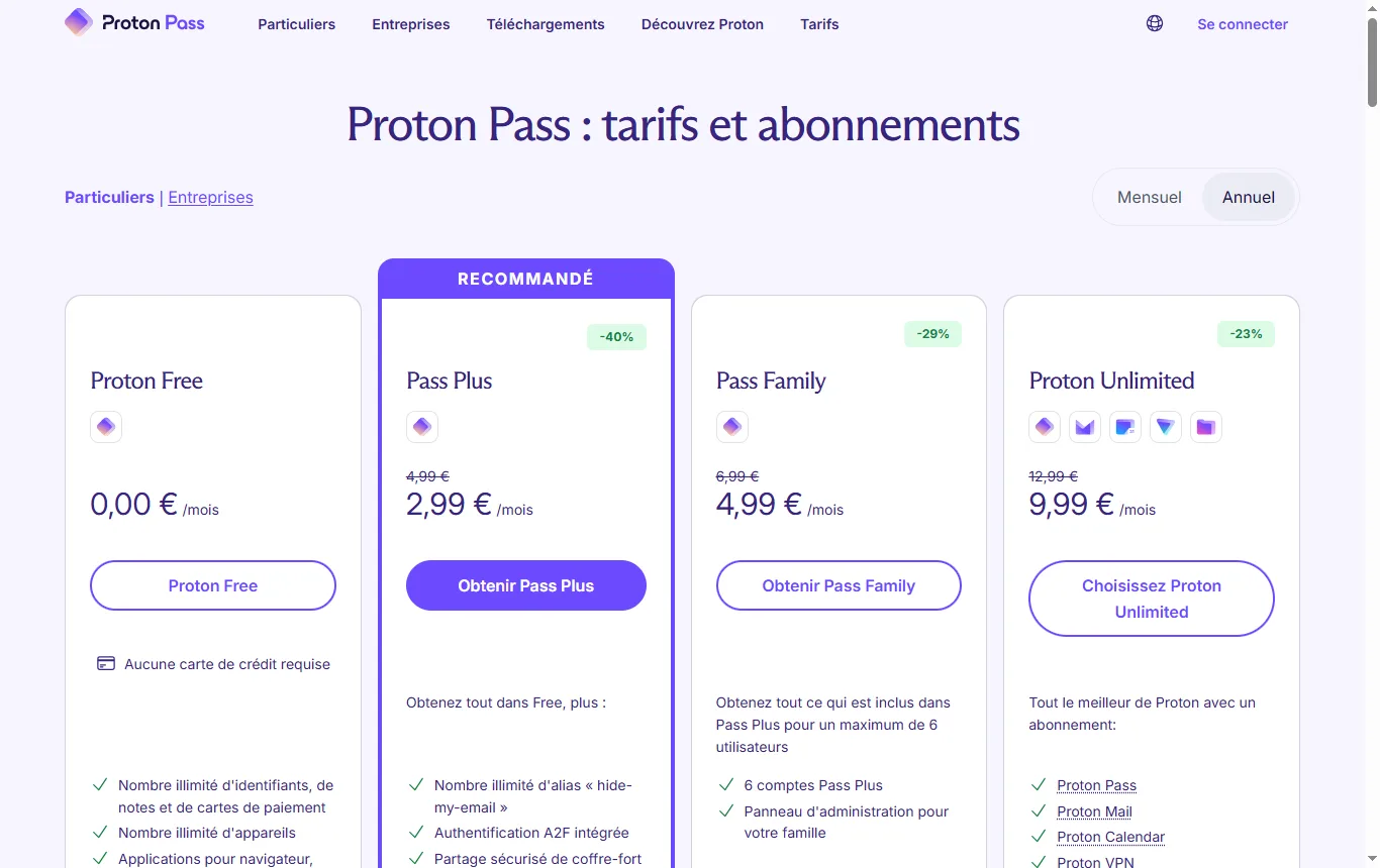 Capture de proton.me : page tarifs, formule gratuite