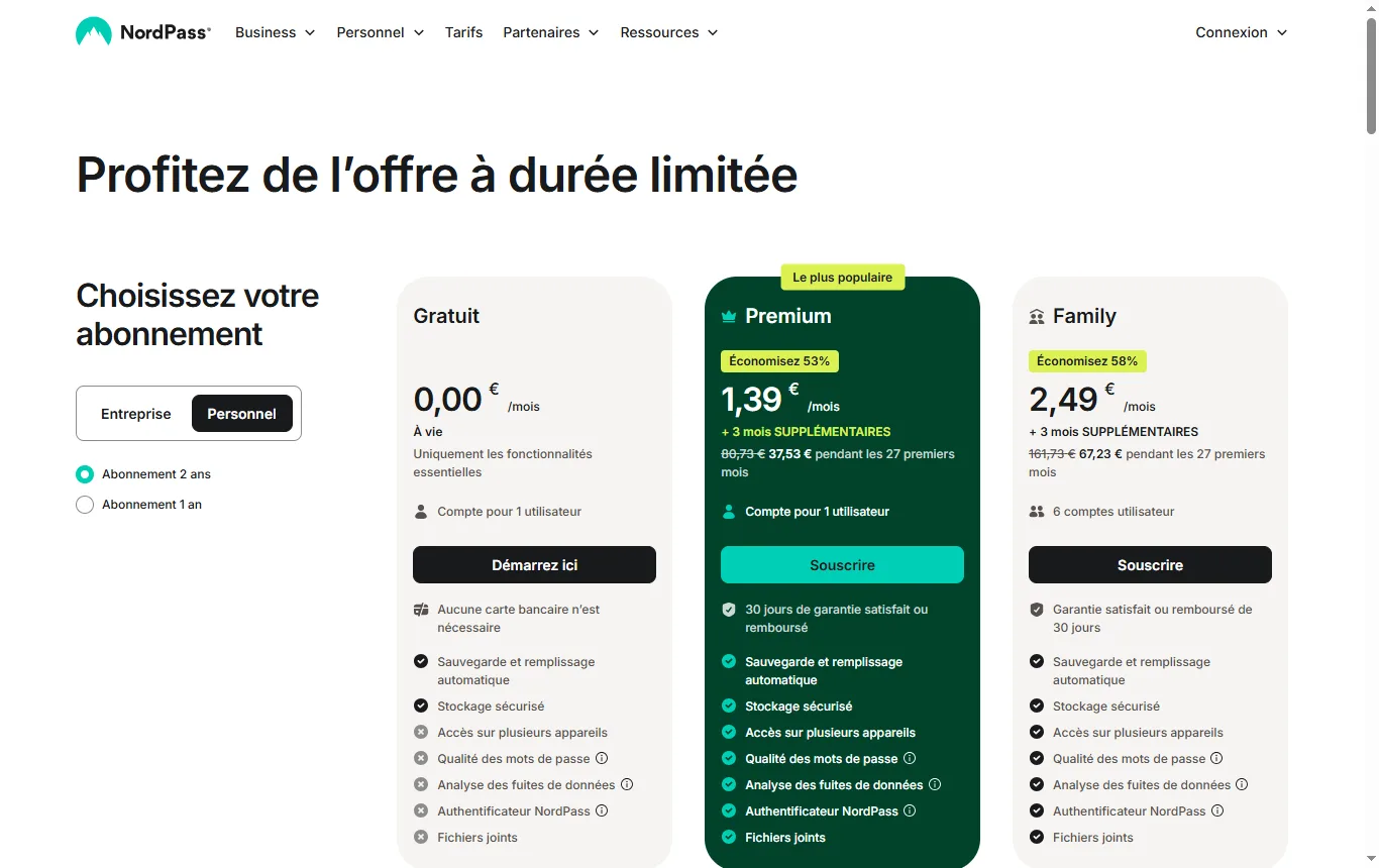 Capture de nordpass.com : page de comparaison des formules