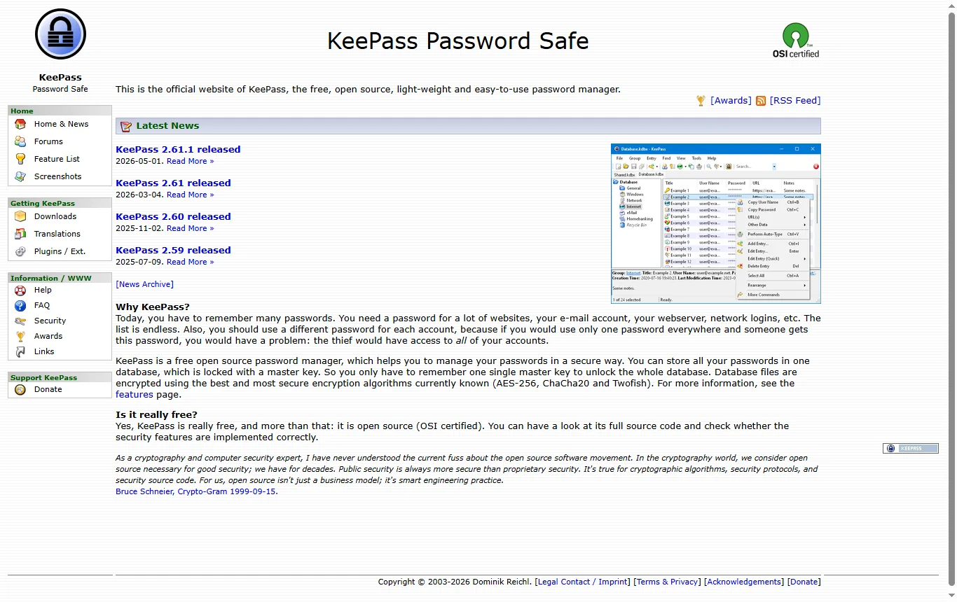 Capture de keepass.info : page d'accueil de keepass.info, paragraphe sur la base de données chiffrée et les algorithmes