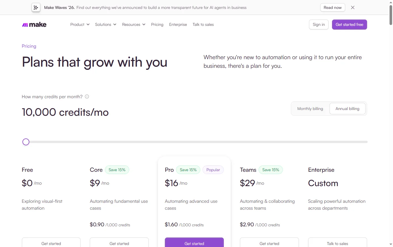 Capture de make.com : page tarifs, section formule gratuite