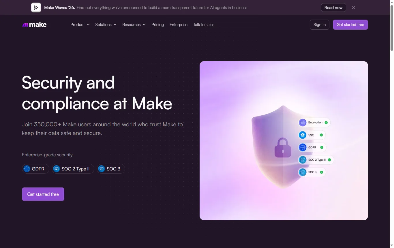 Capture de make.com : page de sécurité (make.com/security), passage sur les audits SOC 2 et la certification ISO 27001