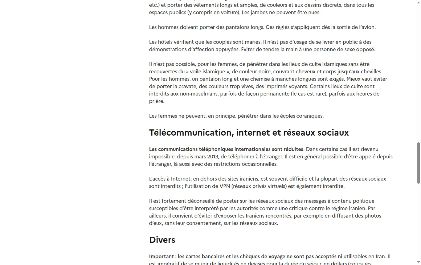 Capture de diplomatie.gouv.fr : fiche Iran, rubrique « Conseils aux voyageurs », « Informations utiles » (diplomatie.gouv.fr/fr/information-par-pays/iran/conseils-aux-voyageurs-informations-utiles), passage sur Internet et les VPN