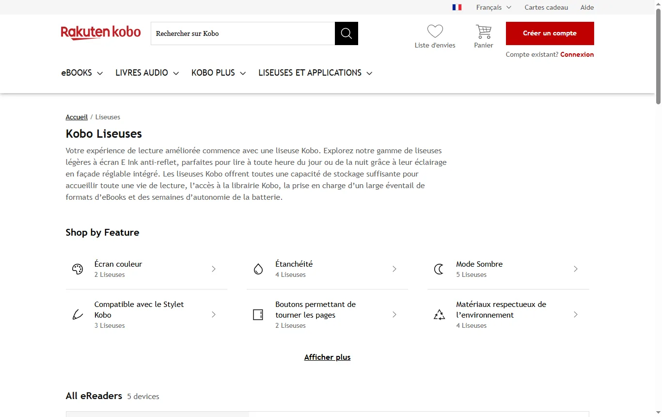 Capture de kobo.com : page de la gamme de liseuses, tailles d'écran, éclairage, étanchéité et boutons comparés