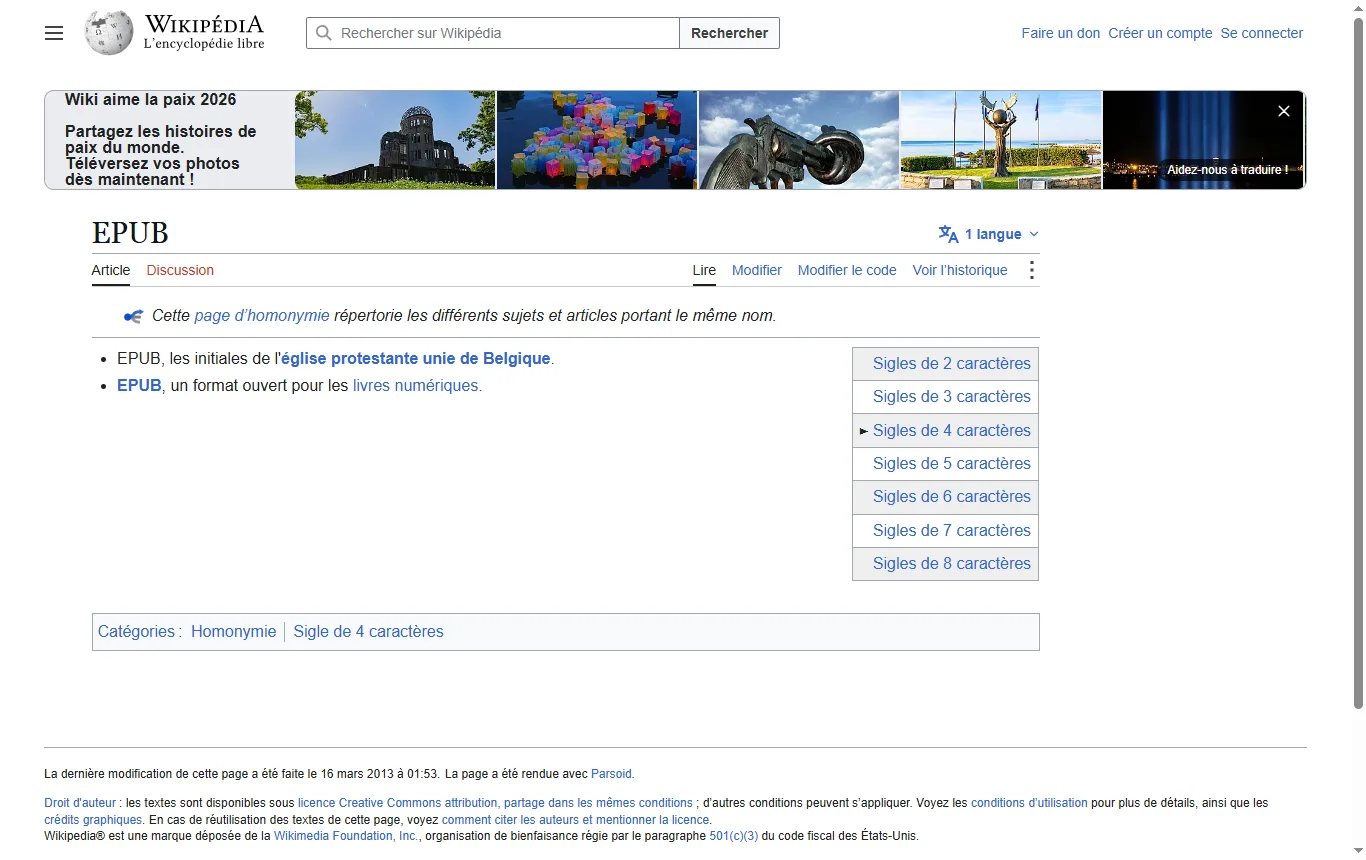 Capture de fr.wikipedia.org : article « EPUB », présentation du format ouvert de livre numérique