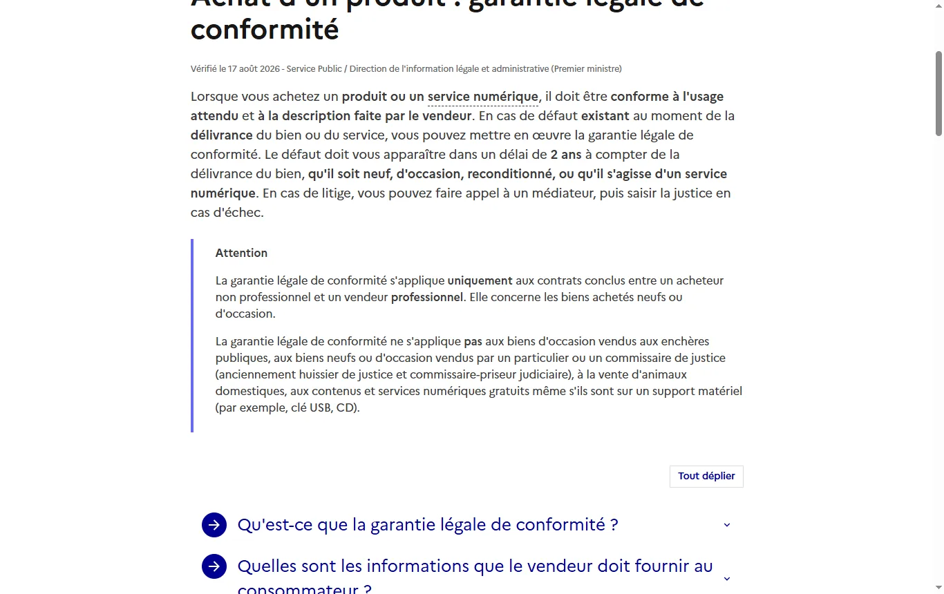 Capture de service-public.gouv.fr : fiche « Garantie légale de conformité » (F11094), encadré sur la durée de deux ans et la présomption d'antériorité du défaut pour un bien neuf