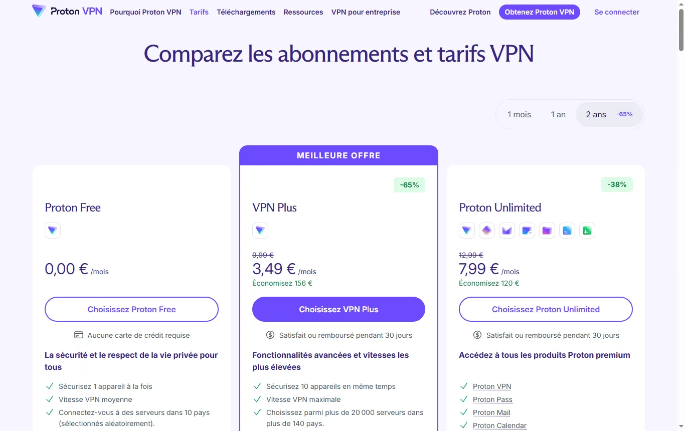 Capture de protonvpn.com : page tarifs