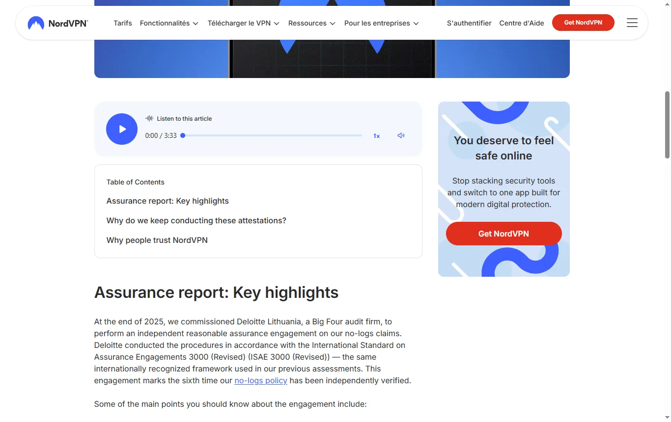 Capture de nordvpn.com : article nordvpn.com/blog/nordvpn-no-logs-assurance-engagement-2025/, passage « Assurance report: Key highlights » (Deloitte, 10 novembre au 12 décembre 2025)