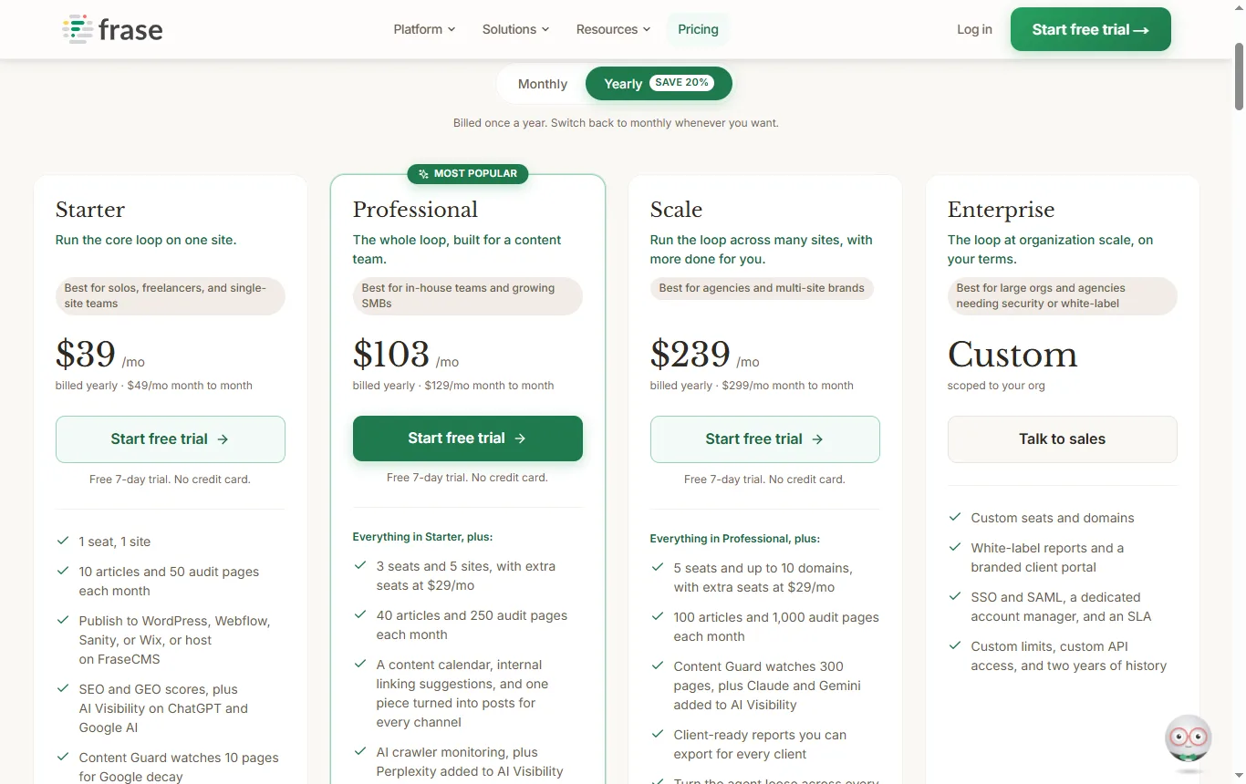 Capture de frase.io : page tarifs frase.io/pricing, formules Starter, Professional et Scale avec l'essai de 7 jours visible