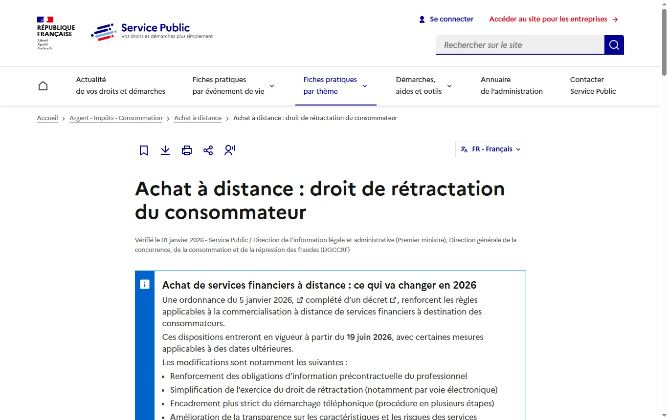Capture de service-public.gouv.fr : fiche « Achat à distance : droit de rétractation du consommateur » (service-public.gouv.fr/particuliers/vosdroits/F10485), encadré sur le délai de 14 jours et son point de départ