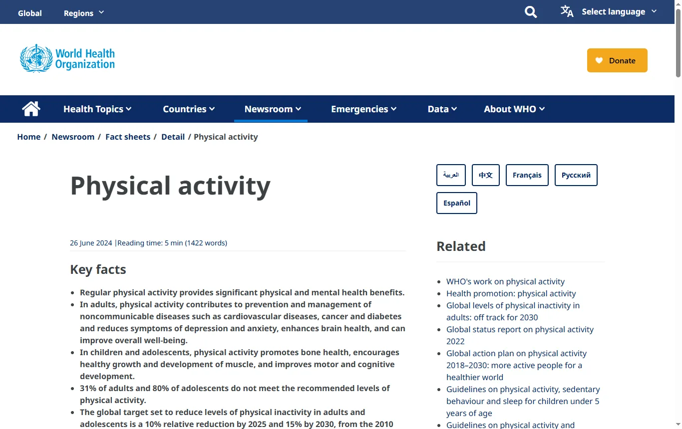 Capture de who.int : page « Physical activity » de l'OMS (who.int/news-room/fact-sheets/detail/physical-activity), passage sur les 150 minutes hebdomadaires d'activité modérée et la limitation de la sédentarité