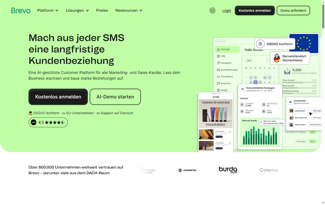 Screenshot von brevo.com : Startseite von brevo.com/de mit der Beschreibung des Angebots