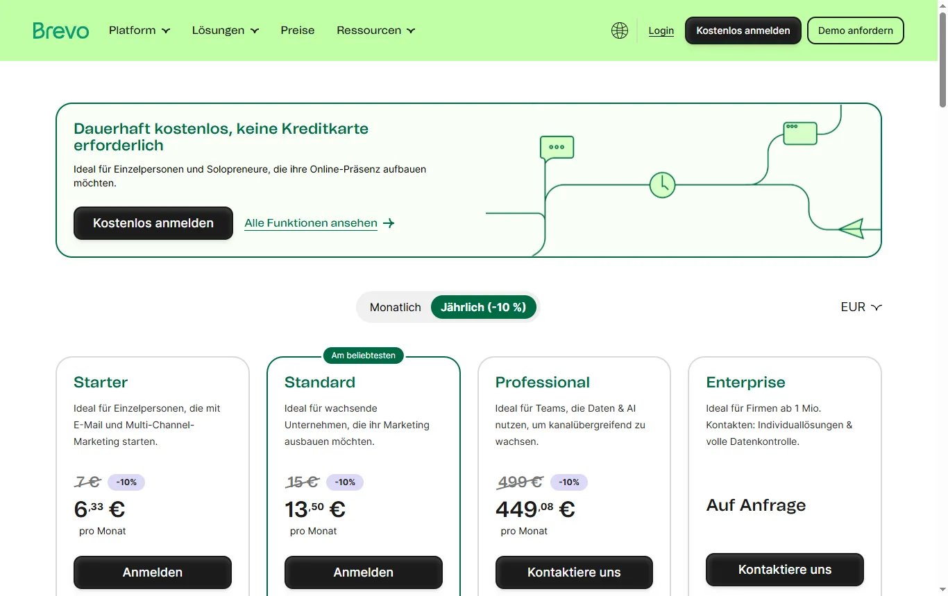 Screenshot von brevo.com : Preisseite von brevo.com/de/pricing mit der Gratis-Spalte und den Tarifstufen