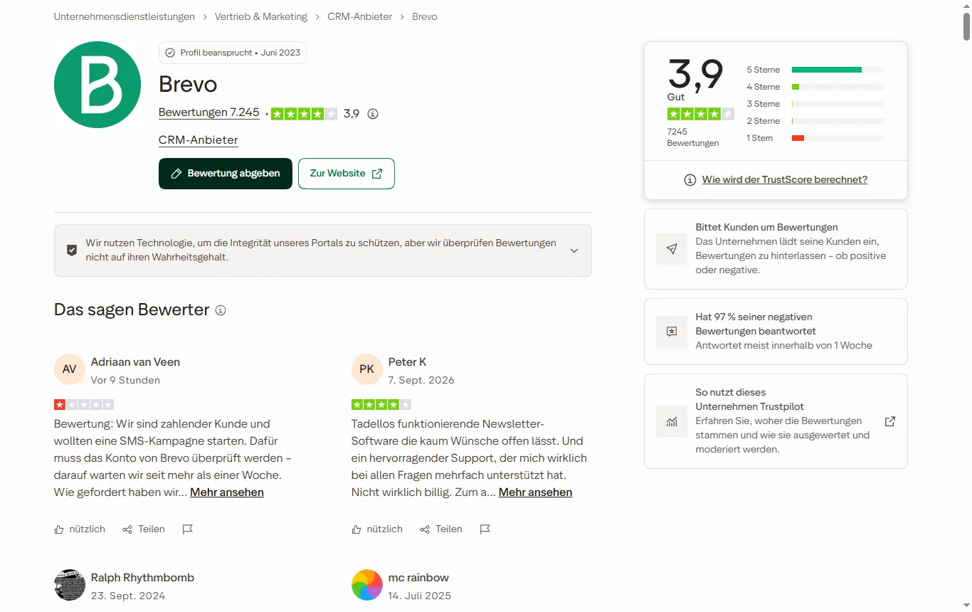 Screenshot von de.trustpilot.com : Trustpilot-Seite von Brevo mit Note, Bewertungszahl und Sterneverteilung