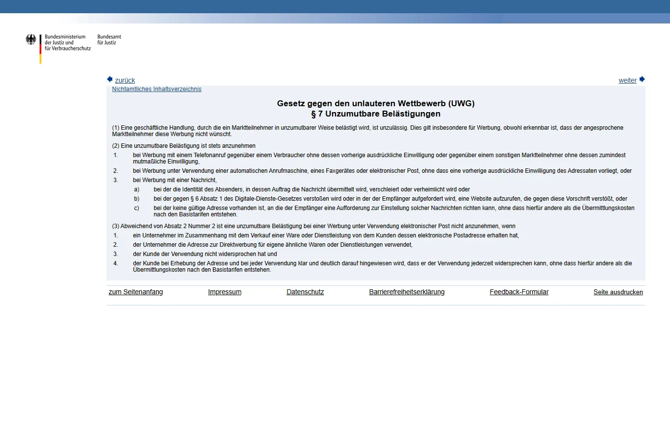 Screenshot von gesetze-im-internet.de : § 7 UWG auf gesetze-im-internet.de (gesetze-im-internet.de/uwg_2004/__7.html) mit Absatz 2 Nr. 2 und Nr. 3 und Absatz 3