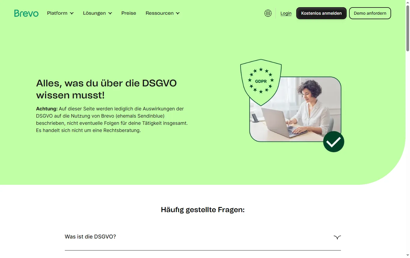 Screenshot von brevo.com : DSGVO-Seite von Brevo (brevo.com/de/company/gdpr) mit dem Hinweis auf die DSGVO-Konformität seit 2018 und die Pflichten des Kunden