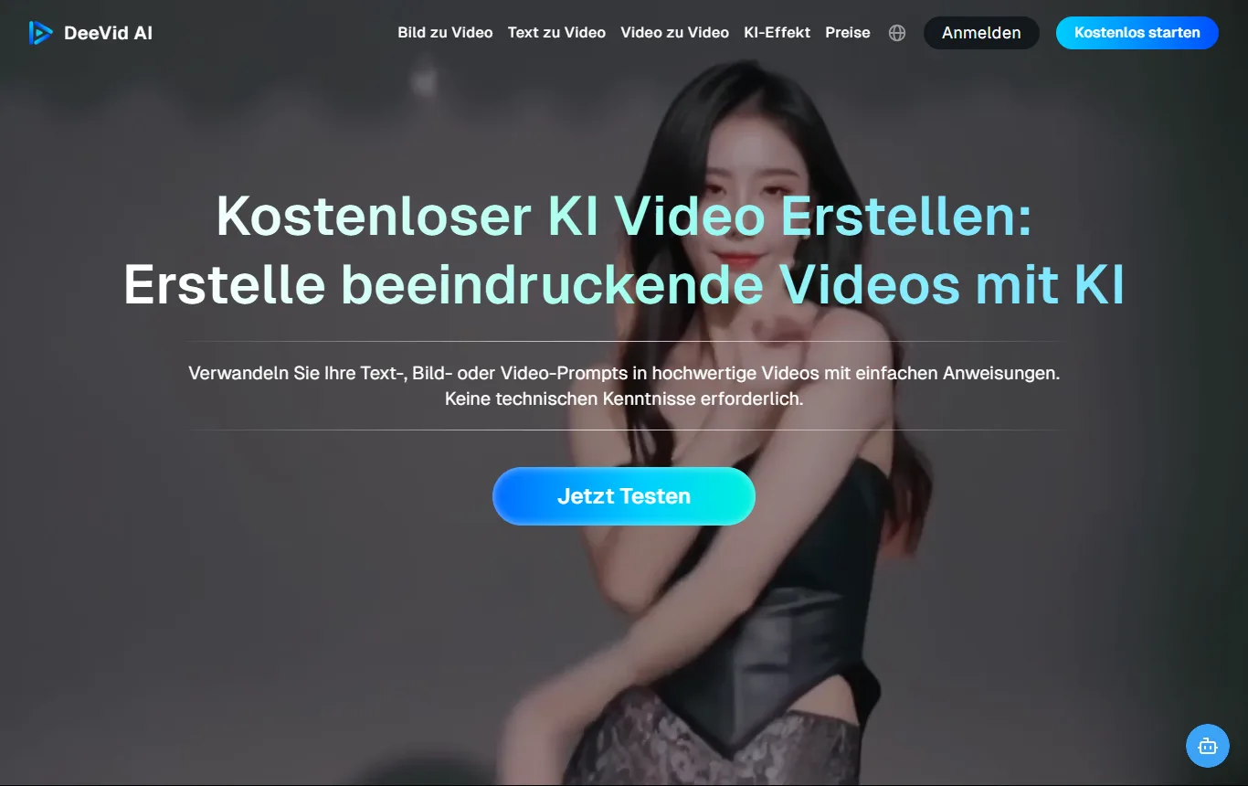Screenshot von deevid.ai : Startseite von deevid.ai mit der Bild-zu-Video-Funktion