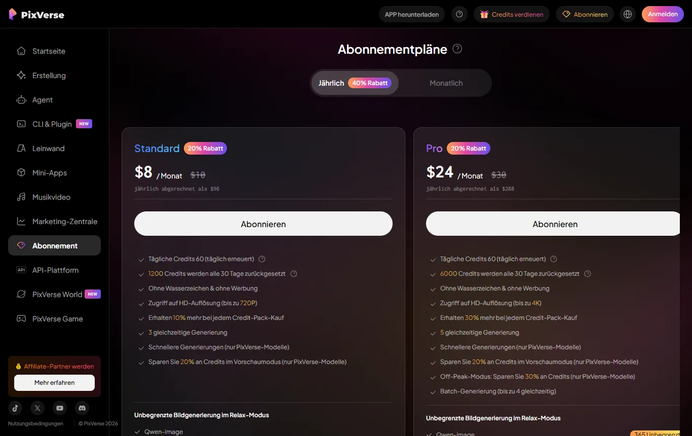 Screenshot von app.pixverse.ai : Abo-Seite von PixVerse (app.pixverse.ai/subscribe) mit der Gratis-Stufe Basic und ihren Credits