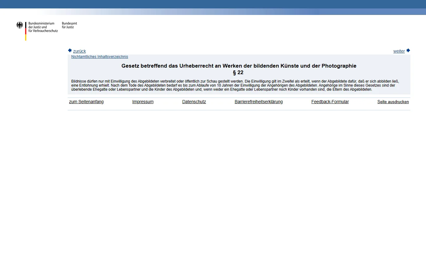 Screenshot von gesetze-im-internet.de : Text von § 22 des Kunsturhebergesetzes auf gesetze-im-internet.de (gesetze-im-internet.de/kunsturhg/__22.html)