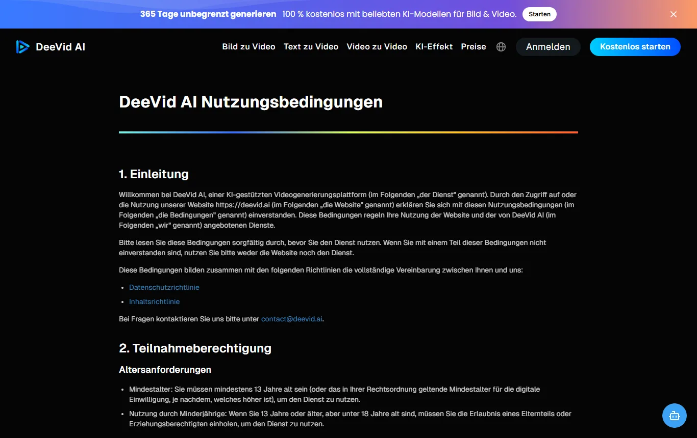 Screenshot von deevid.ai : Nutzungsbedingungen von DeeVid (deevid.ai/terms) mit den Abschnitten zu Zahlungen, Erstattung und Widerrufsrecht