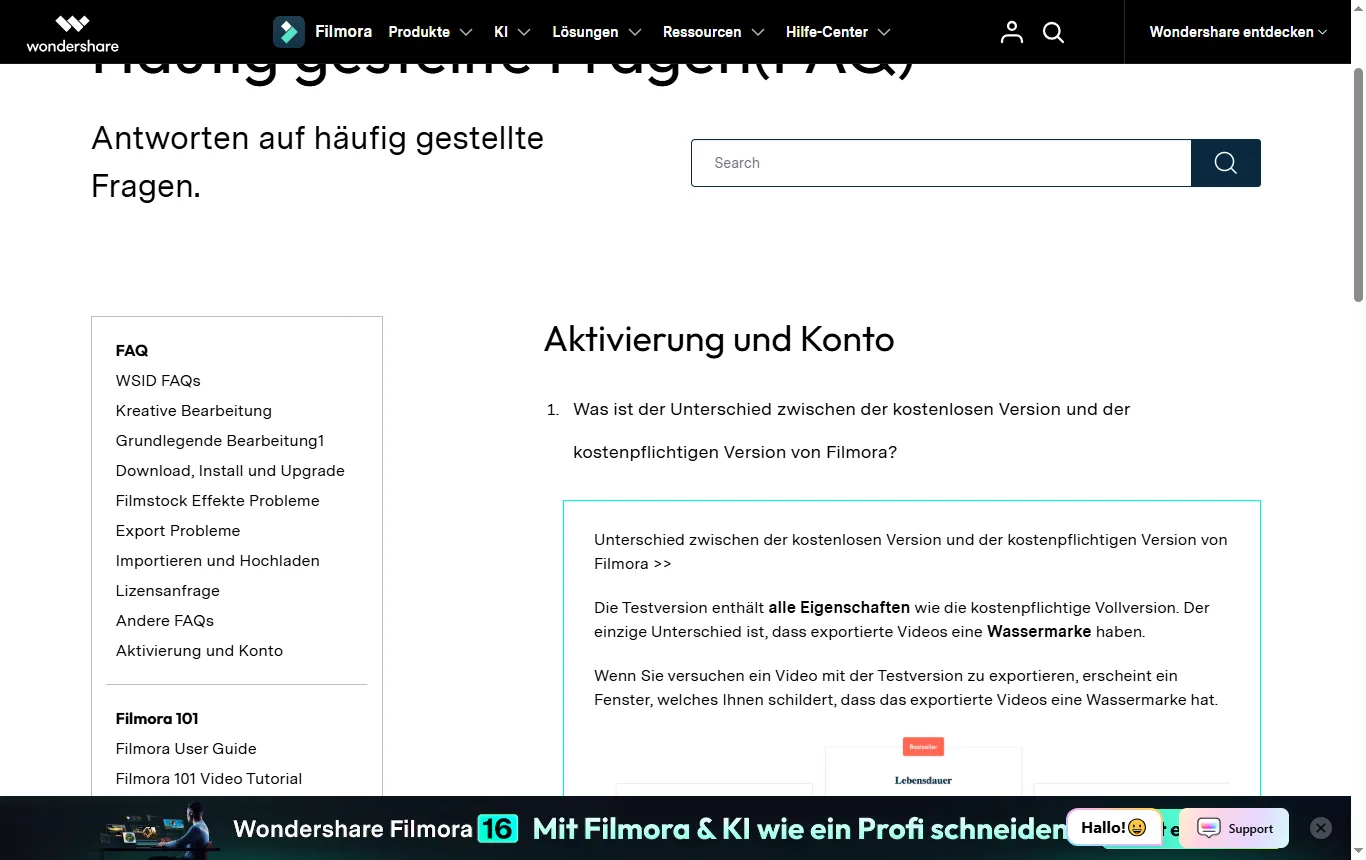 Screenshot von filmora.wondershare.de : FAQ-Seite von filmora.wondershare.de zum Unterschied zwischen Test- und Vollversion