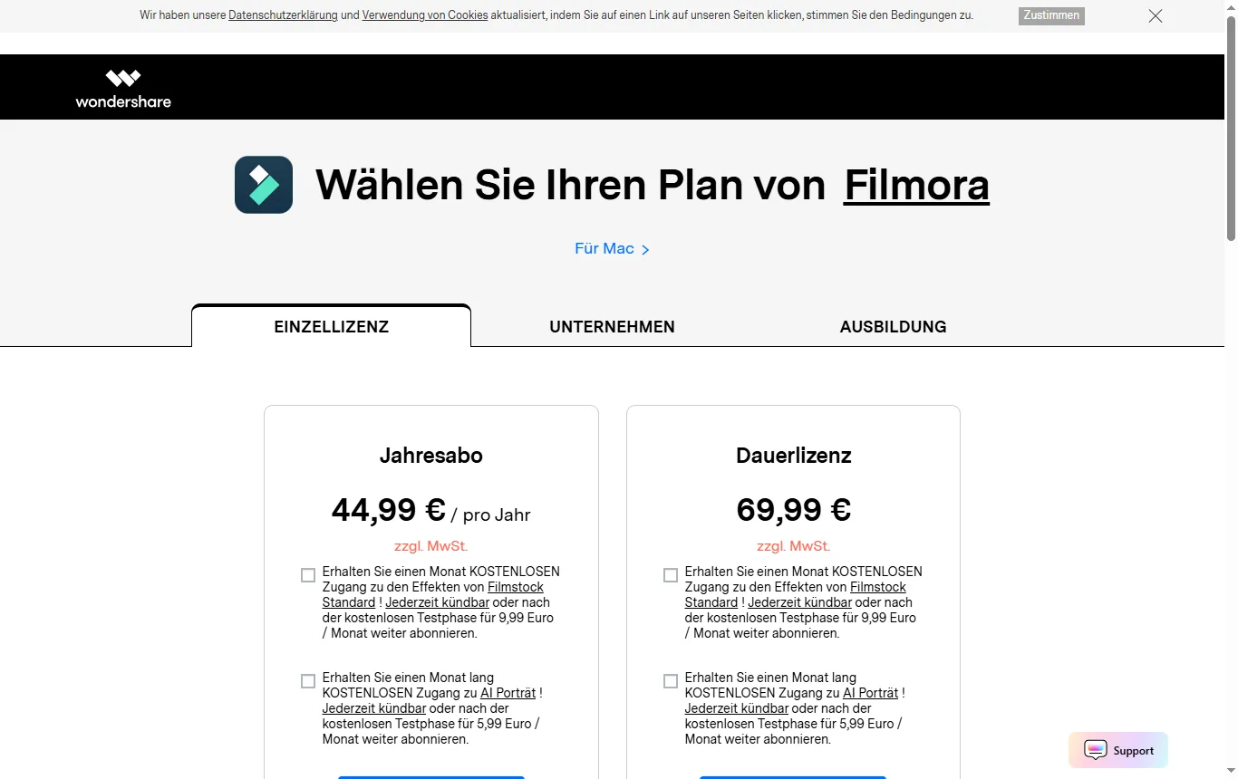 Screenshot von filmora.wondershare.de : Preisseite von Filmora mit Jahresabo und Dauerlizenz und den Hinweisen zu Updates