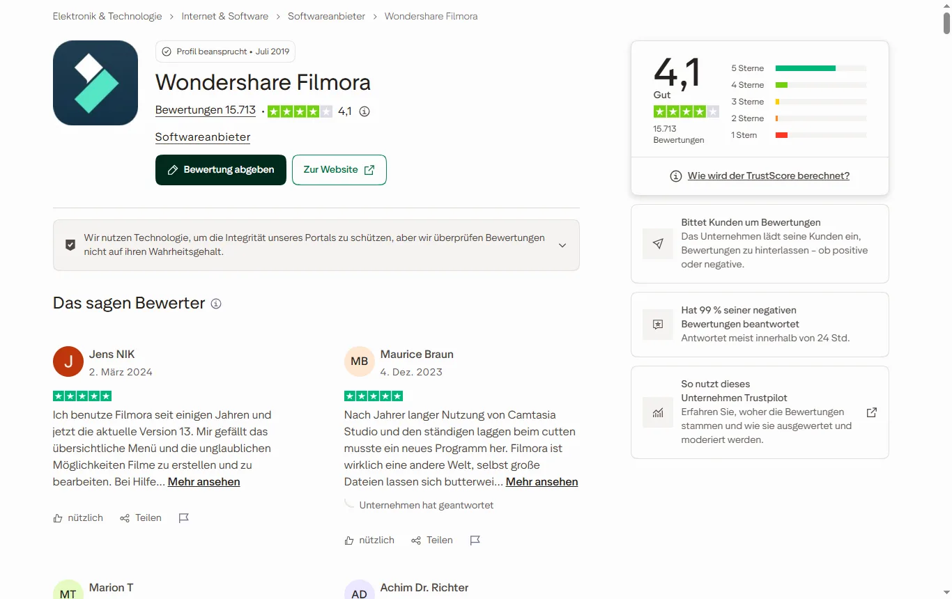 Screenshot von de.trustpilot.com : Trustpilot-Seite zu Filmora mit Note, Bewertungszahl und Sterneverteilung
