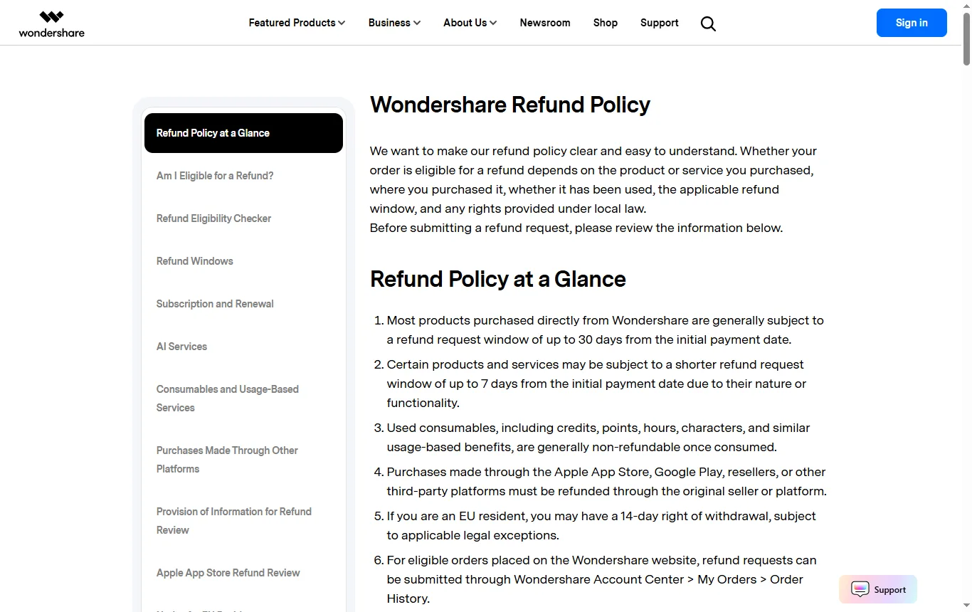 Screenshot von wondershare.com : Rückerstattungsrichtlinie von Wondershare (wondershare.com/refund-policy.html) mit den Abschnitten zur 30-Tage-Frist und zu Verlängerungen