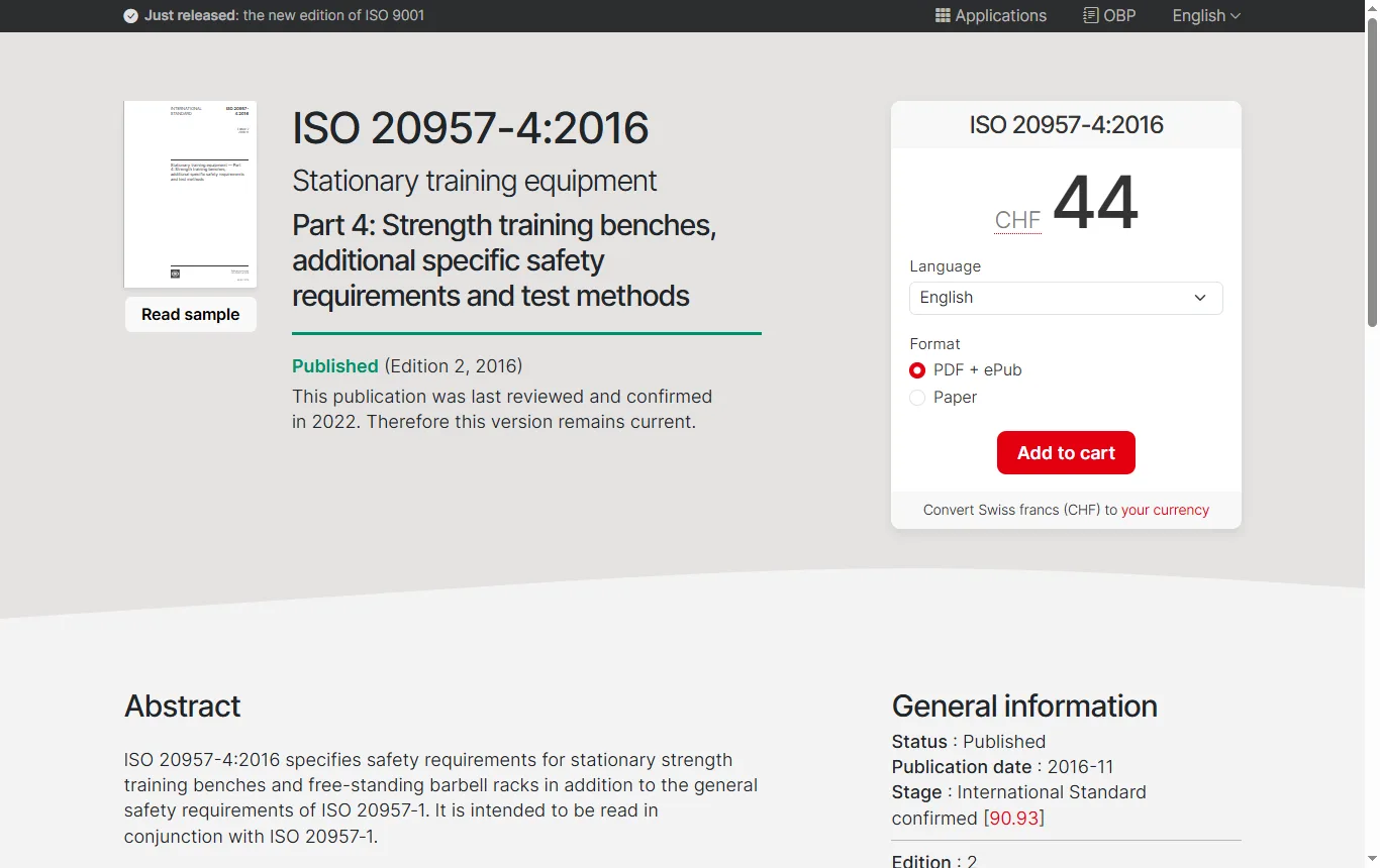 Screenshot von iso.org : Seite der ISO zu ISO 20957-4:2016 (iso.org/standard/66870.html), Titel und Anwendungsbereich zu Trainingsbänken und Ständern für freie Gewichte