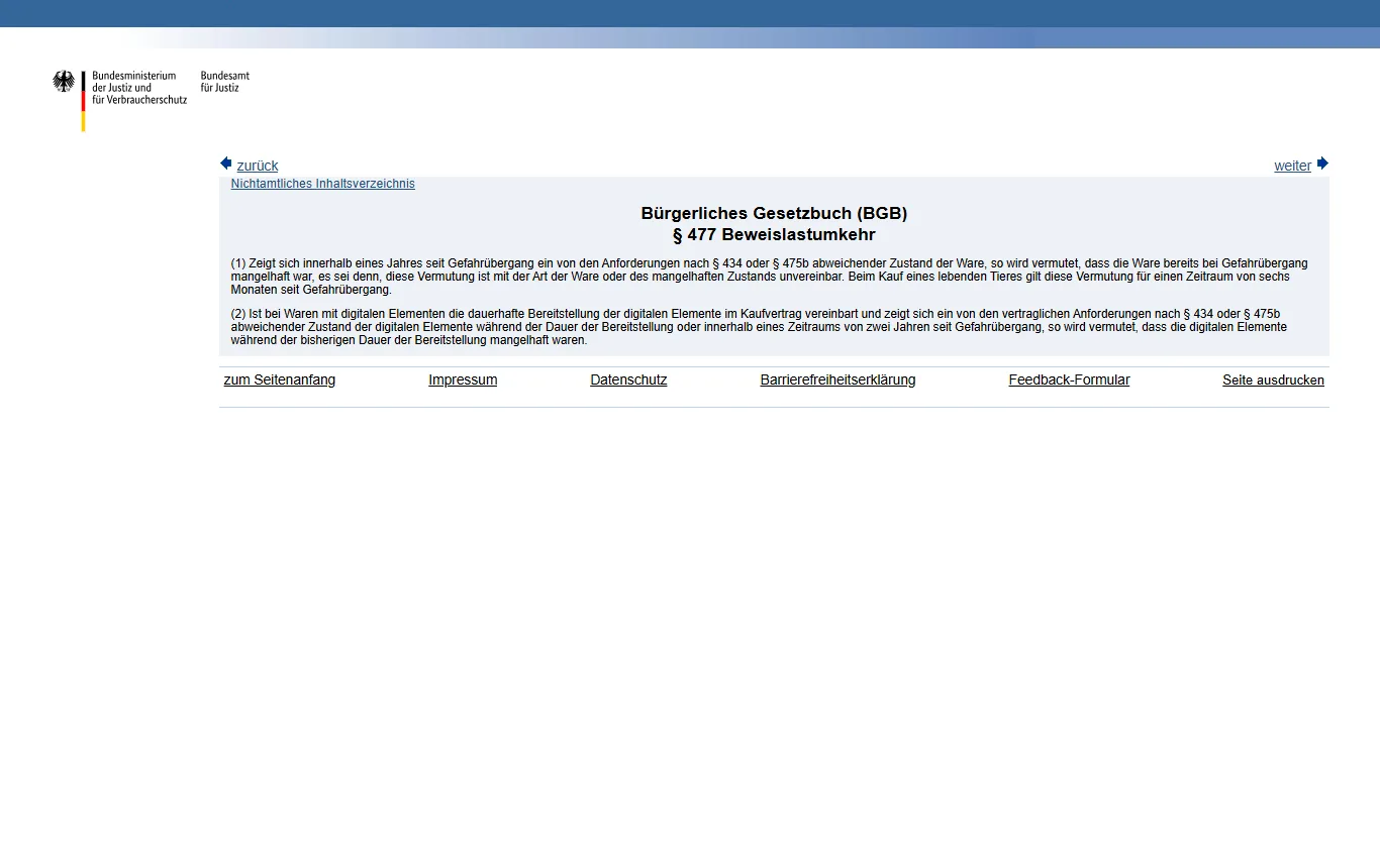 Screenshot von gesetze-im-internet.de : § 477 BGB auf gesetze-im-internet.de (gesetze-im-internet.de/bgb/__477.html), Absatz 1 zur Beweislastumkehr im ersten Jahr nach Gefahrübergang