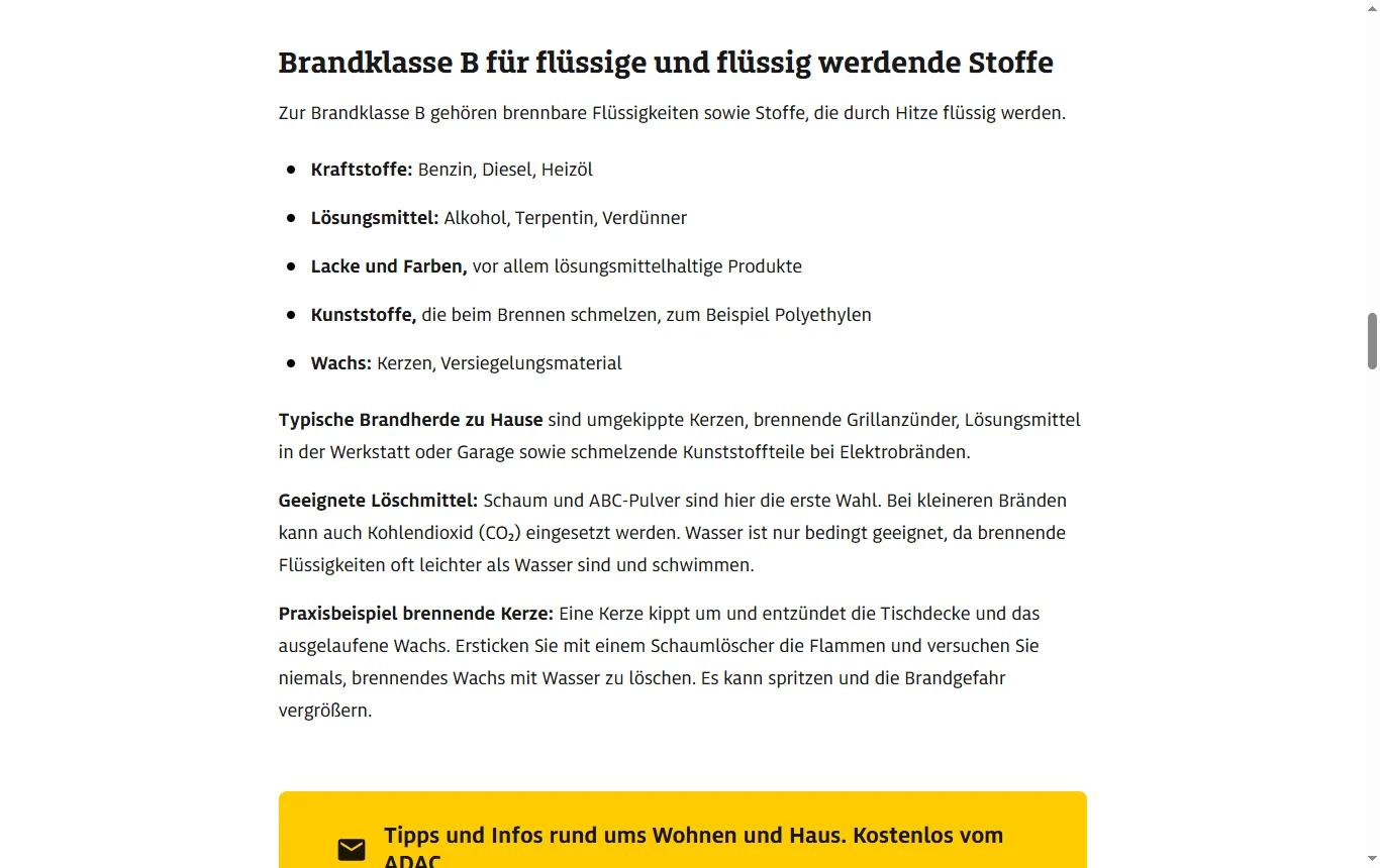 Screenshot von adac.de : Seite „Brandklassen A bis F verstehen“ des ADAC mit dem Eintrag zu Wachs und Kerzen in Brandklasse B