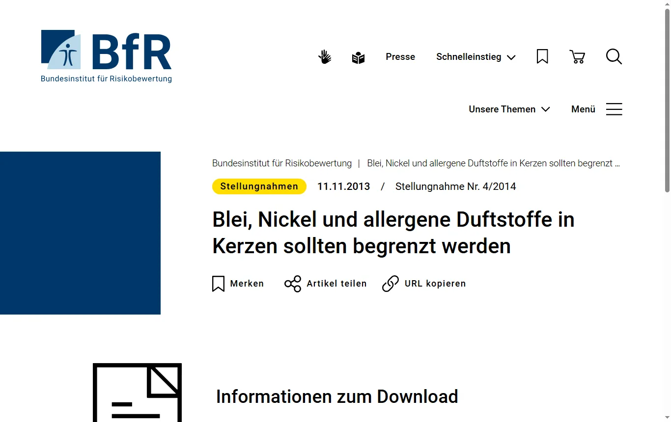 Screenshot von bfr.bund.de : Stellungnahme des BfR „Blei, Nickel und allergene Duftstoffe in Kerzen sollten begrenzt werden“ (bfr.bund.de/stellungnahme/…) mit den Empfehlungen zu Nickel und Duftstoffen