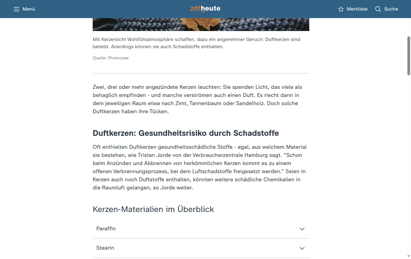 Screenshot von zdfheute.de : ZDFheute-Ratgeber „Schadstoffe und Allergene vermeiden: Worauf man bei Duftkerzen achten sollte“ mit den Hinweisen der Verbraucherzentrale Hamburg