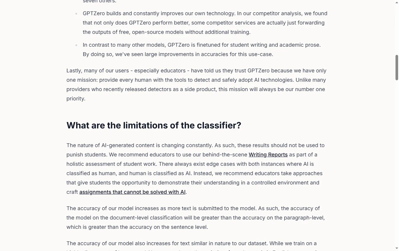 Screenshot von gptzero.me : Hilfeseite gptzero.me/faq mit den Abschnitten zu Genauigkeit, Sprachen und zum Umgang mit Ergebnissen