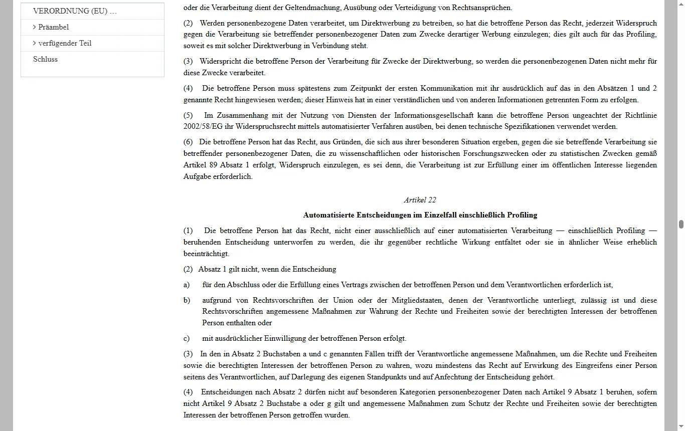 Screenshot von eur-lex.europa.eu : Datenschutz-Grundverordnung auf EUR-Lex (eur-lex.europa.eu, deutsche Fassung, Verordnung (EU) 2016/679) mit Artikel 22 "Automatisierte Entscheidungen im Einzelfall einschließlich Profiling"
