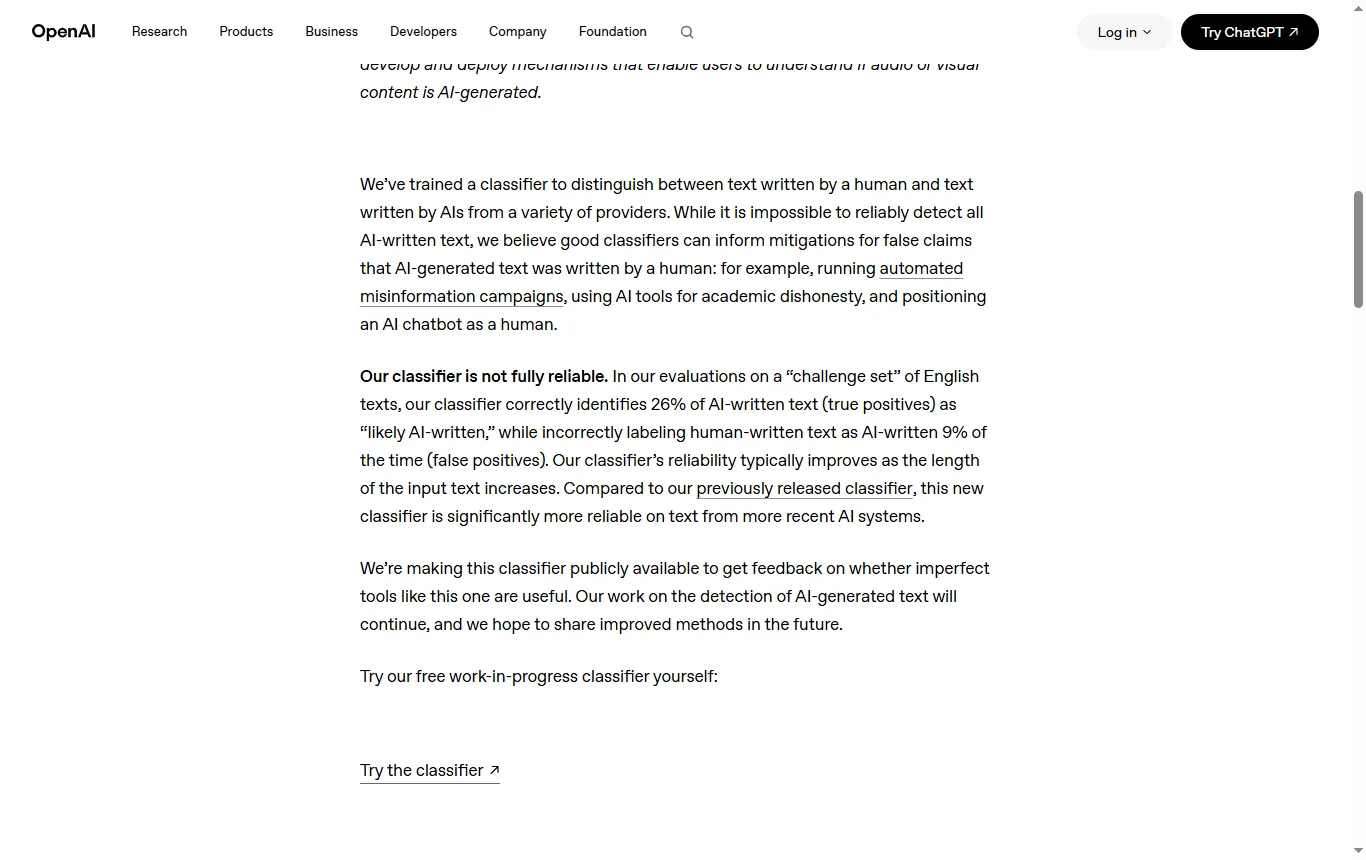 Screenshot von openai.com : OpenAI-Seite "New AI classifier for indicating AI-written text" (openai.com/index/new-ai-classifier-for-indicating-ai-written-text/) mit den Angaben zu 26 % und 9 % und dem Hinweis auf die Einstellung ab 20. Juli 2023