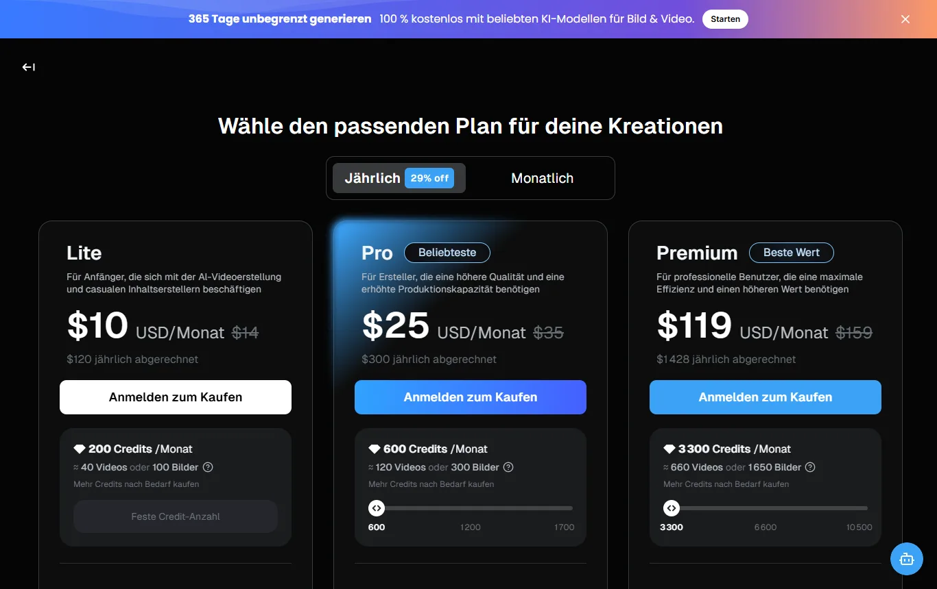Screenshot von deevid.ai : Preisseite deevid.ai/pricing mit den Tarifen Lite, Pro und Premium und dem Hinweis zu den 20 Credits bei der Registrierung