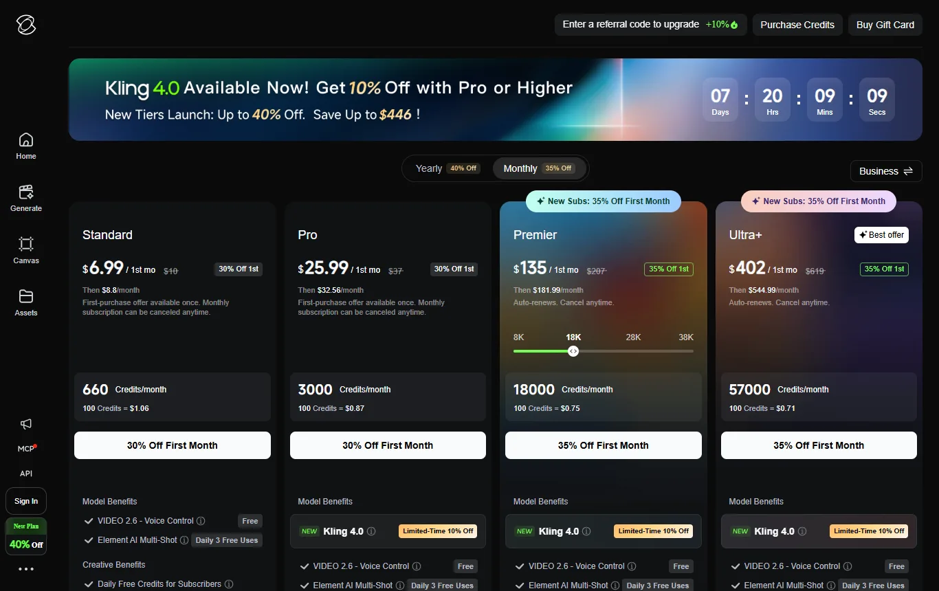 Screenshot von kling.ai : Kling-Abo-Seite kling.ai/app/membership/membership-plan mit der Formel "Basic" und den häufigen Fragen zu Gratis-Credits und Verfall