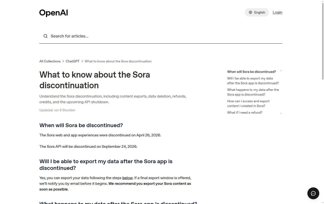 Screenshot von help.openai.com : OpenAI-Hilfeseite "What to know about the Sora discontinuation" (help.openai.com/en/articles/20001152) mit den Daten der Einstellung von App, Web und API