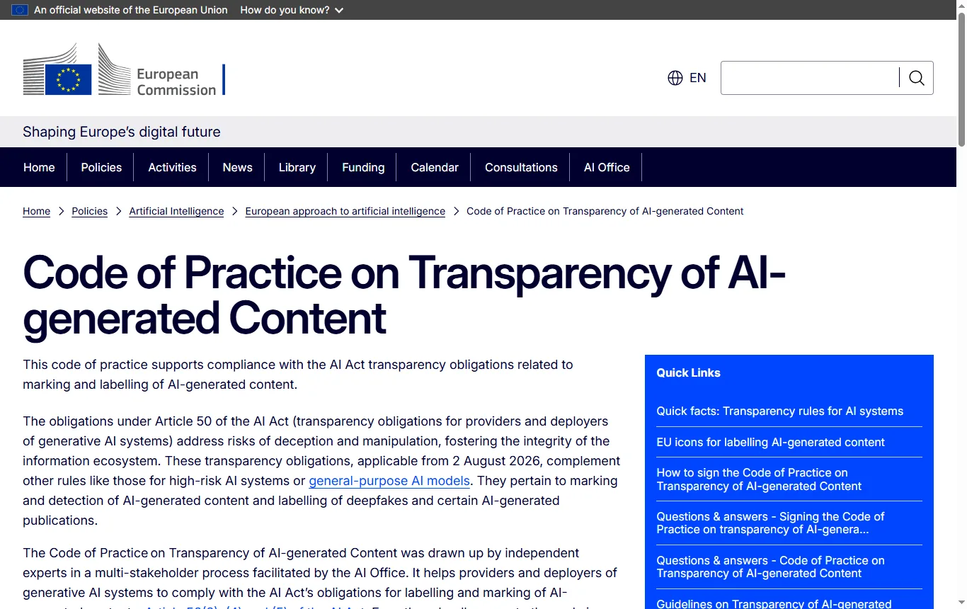Screenshot von digital-strategy.ec.europa.eu : Seite der Europäischen Kommission zum Verhaltenskodex für KI-generierte Inhalte (digital-strategy.ec.europa.eu/en/policies/code-practice-ai-generated-content) mit dem Hinweis, dass die Pflichten des Artikels 50 seit dem 2. August 2026 gelten