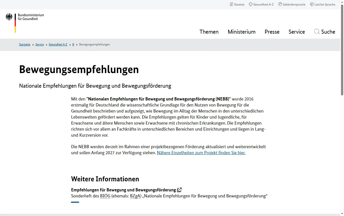 Screenshot von bundesgesundheitsministerium.de : Seite „Empfehlungen für Bewegung und Bewegungsförderung“ auf bundesgesundheitsministerium.de (service/begriffe-von-a-z/b/bewegungsempfehlungen), Einleitung zu den Nationalen Empfehlungen für Bewegung und Bewegungsförderung