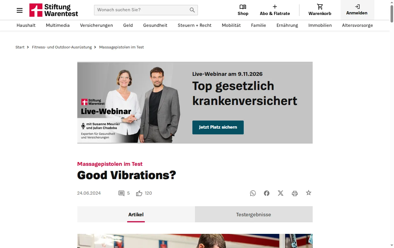 Screenshot von test.de : Einstiegsseite des Tests „Massagepistolen im Test“ auf test.de mit Datum, ohne kostenpflichtige Inhalte