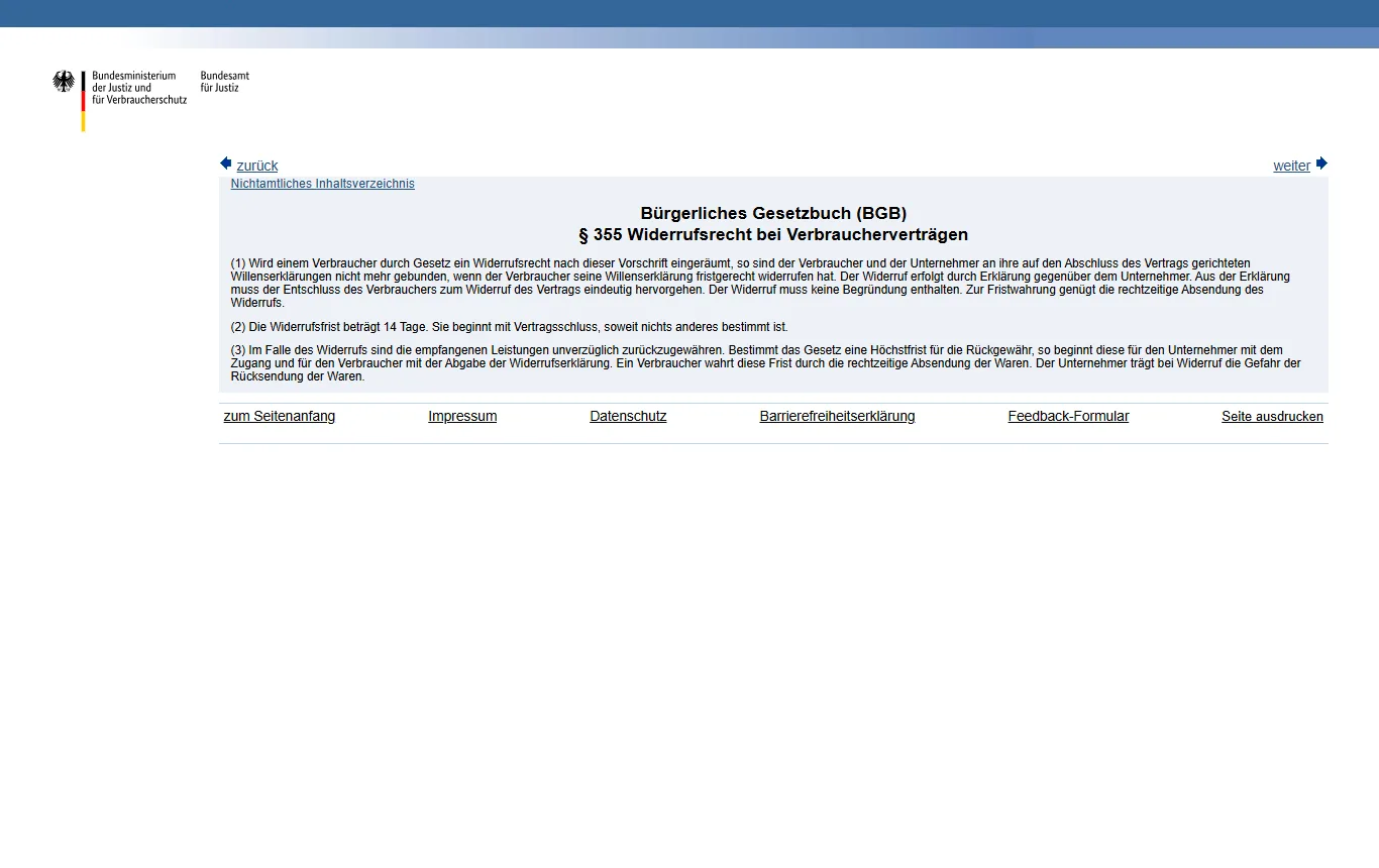 Screenshot von gesetze-im-internet.de : Text von § 355 BGB auf gesetze-im-internet.de mit Absatz 1 und 2 zur Widerrufsfrist von 14 Tagen