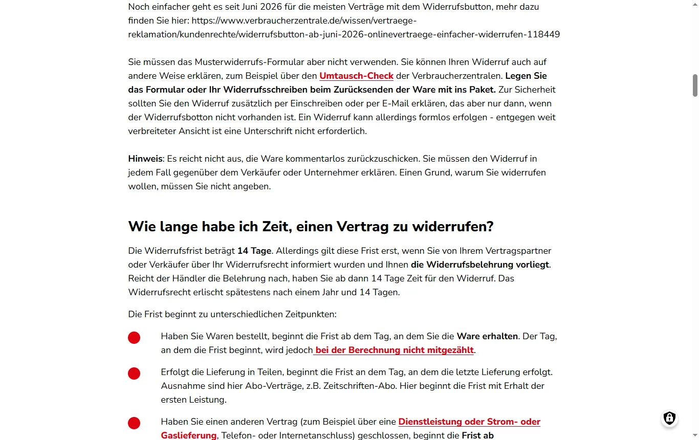 Screenshot von verbraucherzentrale.de : Ratgeber „Von Widerruf bis Umtausch: Wenn Sie mit der Ware nicht zufrieden sind“ der Verbraucherzentrale mit den Abschnitten zu Frist und Rücksendekosten