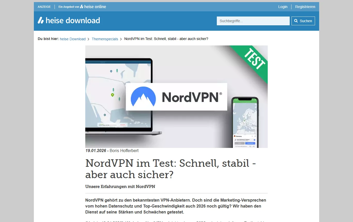 Screenshot von heise.de : Testbericht von heise Download zu NordVPN mit dem Fazit und dem Veröffentlichungsdatum 19.01.2026