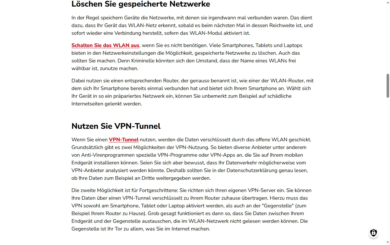 Screenshot von verbraucherzentrale.de : Seite „Öffentliche WLAN-Netze sicher nutzen“ der Verbraucherzentrale mit dem Hinweis zum VPN-Anbieter und zur Datenschutzerklärung