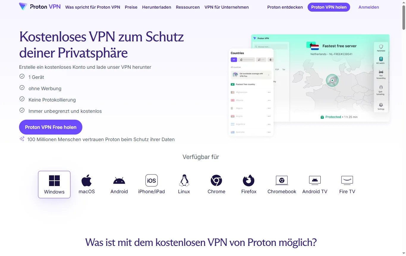 Screenshot von protonvpn.com : Seite von Proton VPN zum kostenlosen Tarif (protonvpn.com/de/free-vpn) mit den Angaben zu Datenlimit, Geräten und Funktionen