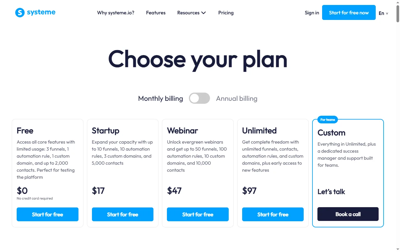 Screenshot von systeme.io : Preisseite von systeme.io mit Zeile des Gratis-Tarifs, mit Datum