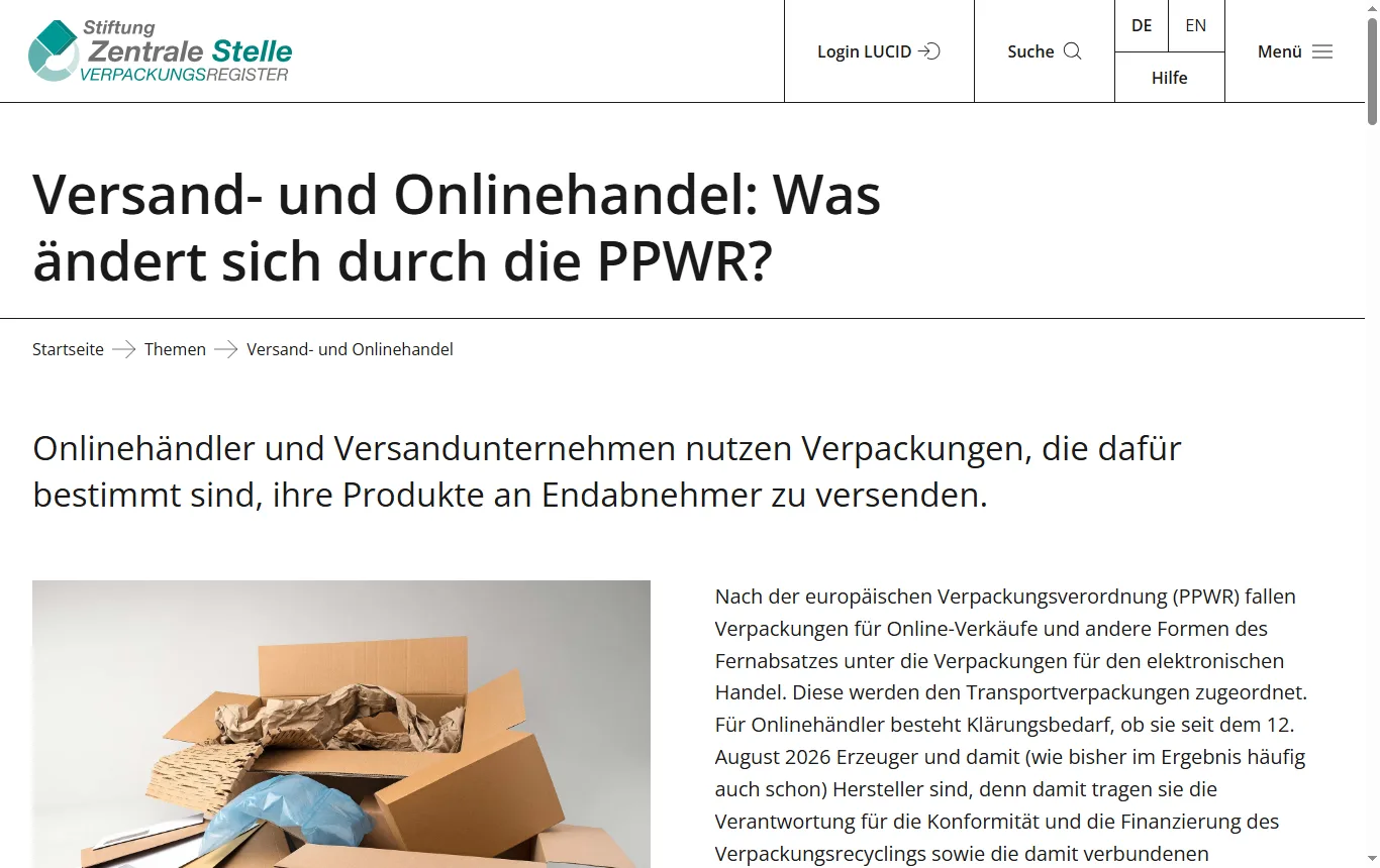 Screenshot von verpackungsregister.org : Seite „Versand und Onlinehandel“ der Zentralen Stelle Verpackungsregister mit den Hinweisen zu Versandverpackungen