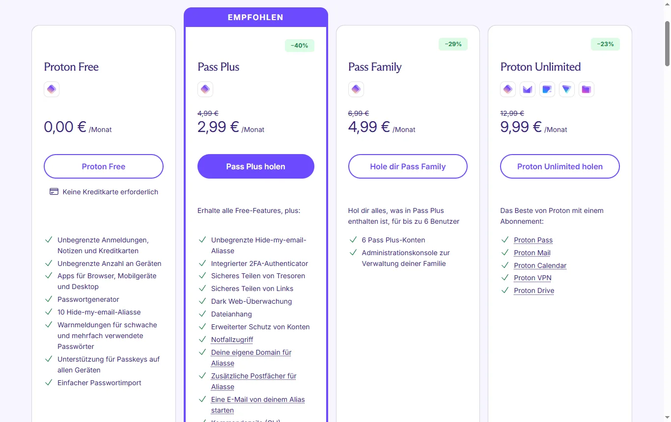 Screenshot von proton.me : Preisseite von Proton Pass mit der Spalte des kostenlosen Tarifs